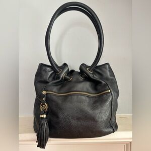 Michael Kors East West Black Pebbled Leather Tassel Ring Tote Bag Gold Hardware